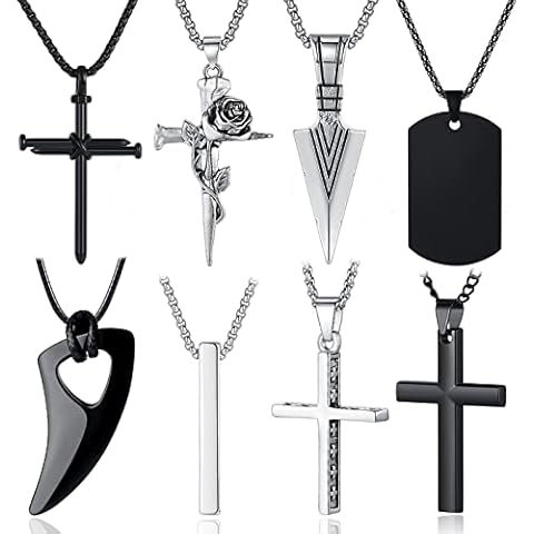 MAIBAOTA 8 Pcs Necklace for Men, Mens Necklaces Jewelry Set, Black and Silver Stainless Steel Necklace, Cross Pendant Necklace, 16-24 inches Chain, Birthday Gifts for Dad Cover