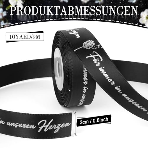 20 Mm X 9 M Trauerschleife mit Text Personalisiert, für Immer In Unseren Herzen, Schleifenband Schwarz für Verpacken Von Trauergeschenken Verpackungsfotorahmen Trauerkranz Blumenstrauß