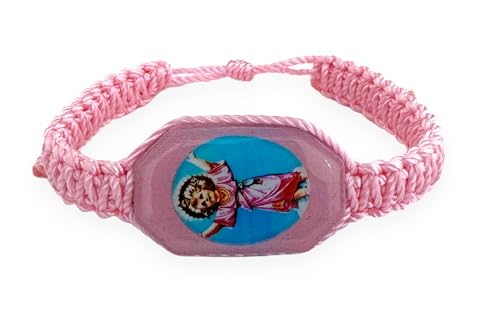 Holy Divine Child Pink Corded Bracelet Wooden Charm Pulsera Rosa Nino Divino Religious Gift