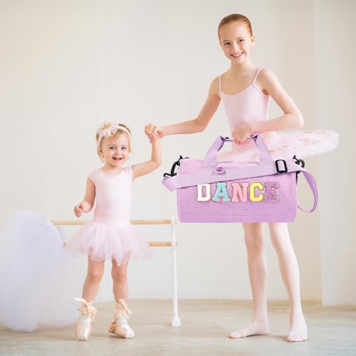 Image of Dance Ballet Bag for Girls Sport Gym Duffle Bags Overnight Travel Bags Fun Dance Corduroy Chenille Letter Bag for Dancers (Purple)