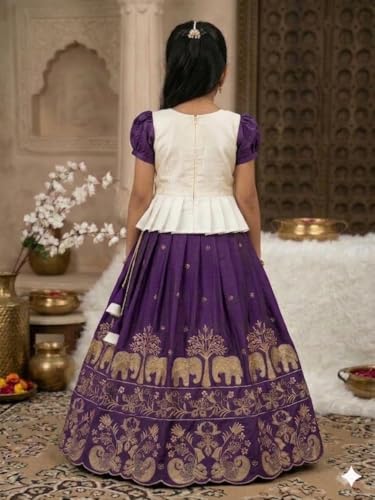 Image of White Button Girls' Ethnic Peplum Top and Jacquard Langa Voni type Lehenga Choli Set- Traditional Outfit