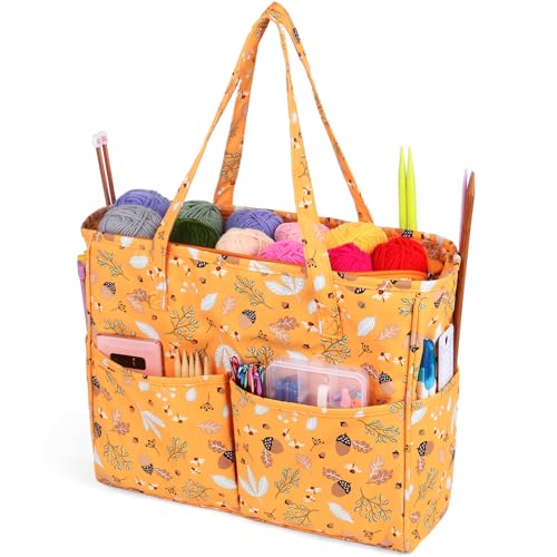 Aeelike Crochet Tote Bag, Large Knitting Bag, Wool Yarn Bag, Craft Storage Bags with Compartments, Cross Stitch Embroidery Organiser Bag, Portable Crochet Knitting Project Travel Bag for Women(Yellow)