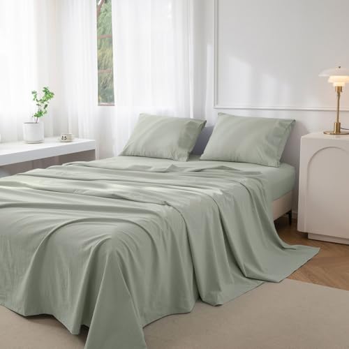 JIYUAN Twin Size Sheet Set, 3-Piece - 100% Washed Cotton, Linen-Like Soft & Breathable, Includes Deep Pocket Fitted & Flat Sheet with 1 Pillowcases, Hotel Quality, Heathered Sage Green — view 4
