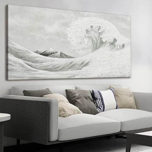 YETHEN WAL Neutral Grey Wave Wall Art – Textured Coastal Canvas Print with Hand-Painted Details, Minimalist Modern Seascape for Living Room Bedroom, 24×48 Inch by YETHEN WAL - Used condition - US$60.11