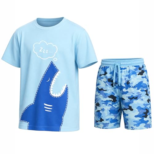 Image of NOROZE Unisex Graphic T-shirt | Military Style Camo T-shirt Boys Girls Combat 2 Piece Set Top Shorts Shark Graphic Print Cotton Outfit (7-8 Years)