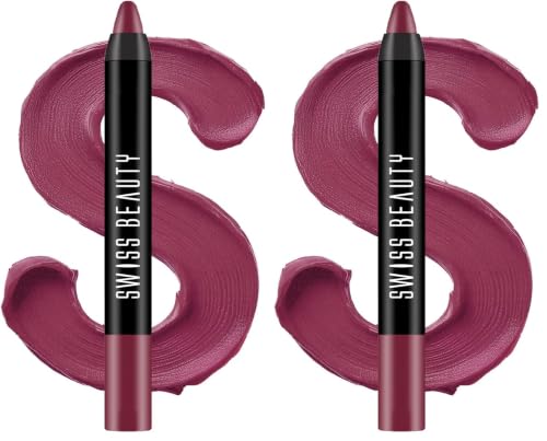 Image of Swiss Beauty Matte Long Lasting Stay Maxx Lip Crayon Lipstick | Matte Finish | 12-Hour Stay | Smudge Proof | Lightweight | Shade-Plum House, 3.5g (Pack of 2)