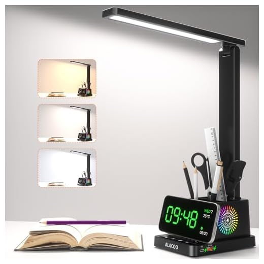 ALACOO Study Desk Lamp for Office Home, Eye-Caring Desk Light with USB Port & RGB Phone Holder, 3 Color×4 Brightness, Adjustable Arm, Touch-Control Lamp for Kids/Reading (Black)