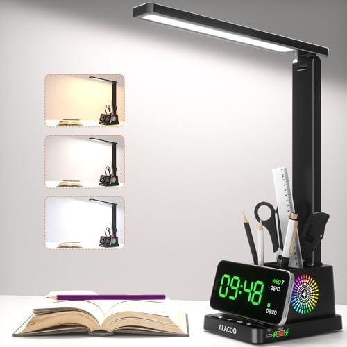 Lampe de bureau LED ALACOO avec chargeur USB et support de téléphone tactile