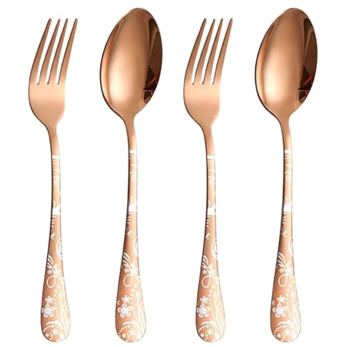 Image of Rosegold 4-Piece Cutlery Set with Floral Printed Handle | 2 Tablespoons & 2 Dinner Forks (8.1 inch) | Durable Stainless Steel Tableware for Home, Restaurants, and Gift Giving