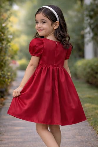 Image of Buy & Try Girls Silk Party Dress, Floral Printed Knee Length Frock with Short Sleeves, Comfortable Fit & Zipper Closure, Elegant Birthday, Wedding, Festival & Special Occasion Wear for Kids