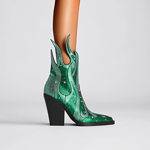 Feinlina Women's Rhinestone Flame Decor Square Toe Block Chunky Medium Heeled Fashion Boots Classic Ankle Booties,Green #TOP4