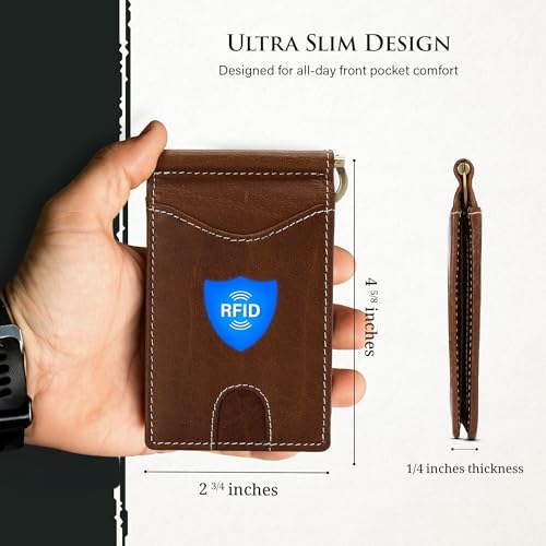 Image of ROGUE WALLET Genuine Leather Minimalist Wallets - RFID Blocking with Money Clip - Interior & Exterior Card Pockets & More - Gift for Men (Brown)