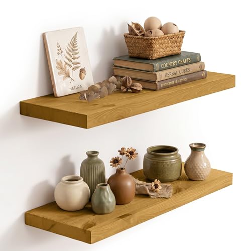 Image of Solid Wood Floating Shelves for Wall 24 inch,Natural Wooden Shelf Set of 2 | Rustic Wood Wall Floating Shelf with Invisible Brackets,Floating Wooden Shelves for Living Room,Bathroom,Bedroom,Kitchen
