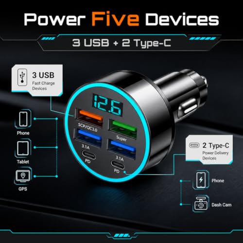 Image of DRIMZ 6 Port Fast Car Charger | 4 USB + 2 Type-C Car Charger Adapter with Digital Voltage Display | 25W Fast Charging Car Mobile Charger for iPhone & All 12V /24V Vehicles
