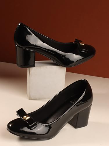 Image of Carlton London Womens Stylish Comfortable Block Heel Round Toe Slip-On Fashion Pump Shoes for Daily, Office and Casual use