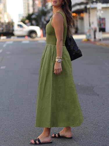 Image of Mieazom Women's Maxi Dress Summer Sleeveless Swing Sundress Casual Loose Tank Long Dresses with Pockets Army Green S