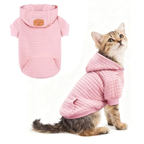 BEAUTYZOO Small Dog Hoodie Sweater with Pockets, Dog Clothes for Small Medium Dogs Boy Girl, Waffle-like Laminated Cotton Pet Coats with Hat and Leash Hole, All Weather Coat for Puppy Doggie Chihuahua