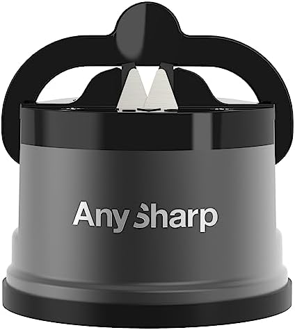 AnySharp Pro Metal Knife Sharpener, Hands-Free Safety, PowerGrip Suction, Sharpens All Kitchen Knives, Ideal for Hardened Steel & Serrated, World's Best, Compact, One Size, Gun Metal
