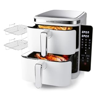 GOURMETmaxx FryUp Vertikale Doppelkammer Heißluftfritteuse | vertikaler Airfryer | klappbares Touchdisplay | 32% platzsparender | Fassungsvermögen 10L | Heißluftfritteuse 2 Kammern