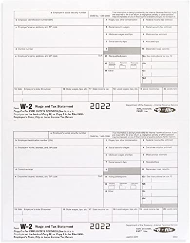 W2 Tax Forms 2022, 4 Part Laser Forms, 25 Employee Kit For Quickbooks And Accounting Software, Self Seal Envelopes Included, Irs Approved #TOP3
