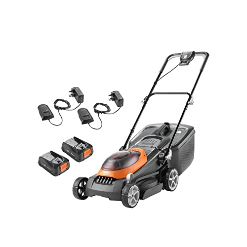 Flymo UltraStore 380R Akku-Rasenmäher-Set, 36 V, 2 x 18 V Leistung für alle Akkus und Ladegeräte, 38 cm Schnittbreite, gestreiftes Rasen-Finish, Enge Kantenschnitte, 45 l Grasbox