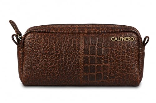 Image of Calfnero Genuine Leather Toiletry Bag for Men & Women | Premium Leather Travel-Pouch | Toiletry Organizer | Cosmetic & Shaving Kit Bag | Unisex Travel Dopp Kit (Cognac-Croco)
