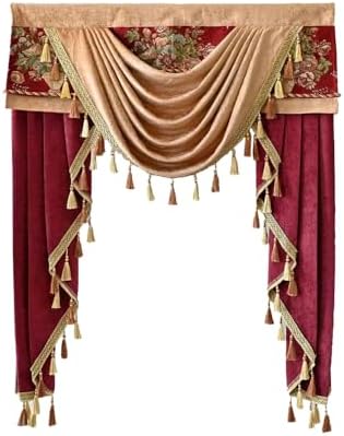 Luxury Brown Burgundy Floral Waterfall Swag Valance with Tassels for Living Room Bedroom Windows European Design Rod Pocket Top (100 cm, 1 Panel)