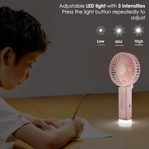 Image of Gesto Portable Fan Rechargeable with LED Light - Foldable Mini Fan, Small Fan,USB Charging Hand Fan with 1200mAh Battery & 3 Speed Modes | Travel, Makeup, Kitchen,Women's Personal Pankhaa - Pink