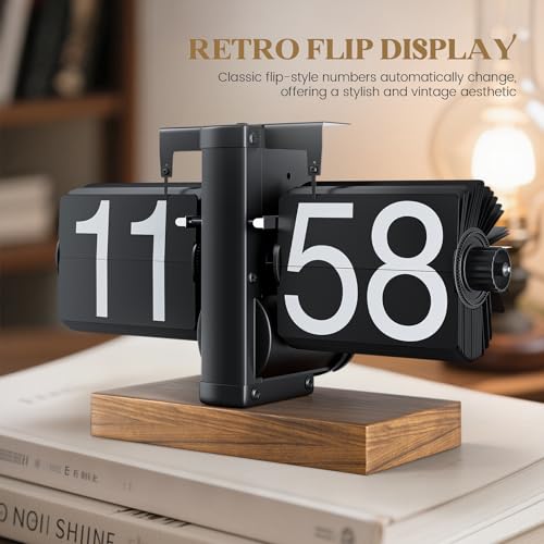 Retro Flip Clock, Vintage Digital Flip Down Clock with Black Walnut Base, Battery Powered Internal Gear Operated for Home & Office Decor - Image 5