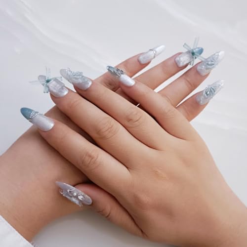 handmade press on nails short almond,10 pcs fake nails with designs,high hardness acrylic nails press ons,3d cute false nails for women-Jade butterfly(S)