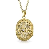 Vintage Antique Style Hallow Oval Aromatherapy Essential Oil Diffuser Love Heart and Clover Flower Locket Necklace 14K Gold Plated .925 Sterling Silver For Women Teen