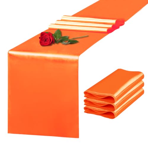 Yblut 4 Pack Satin Table Runner 12 x 108 Inch Long Orange Silk Table Runner for Wedding Party Banquet Birthday Decoration
