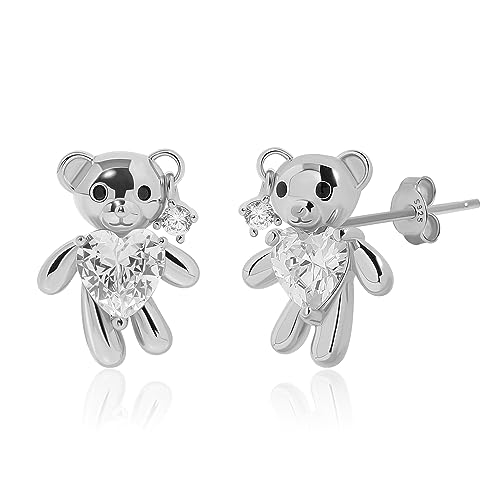 Meissa Teddy Bear Stud Earrings for Girls Handmade Hear Shape Diamond Studs Cute Bear Earrings Gold Stud Earrings Fashion Jewelry Gift, Silver