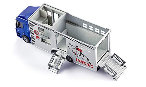 SIKU 1942, Pferdetransporter, 1:50, Metall/Kunststoff, Blau/Grau, Inkl. 2 Spielzeug-Pferden, Abnehmbares Dach – Bild 2