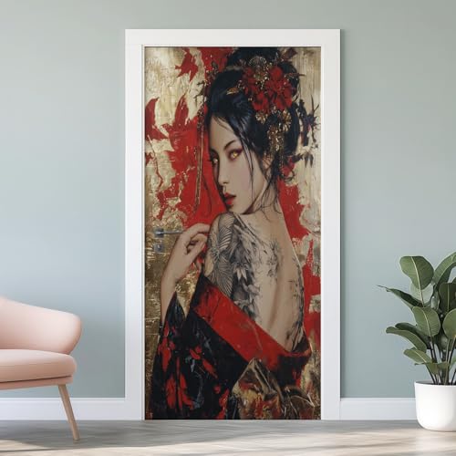 Sticker Mural Porte 3D Geisha Japonaise 83x204cm Fille Japon Autocollants Porte Trompe L'oeil Effect Auto-adhésif Vinyle Femme Asiatique Stickers Muraux Maison Déco Art F6k122