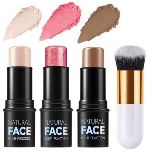 3 Pack Contour Highlighter Blush Sticks with Brush, Cream Bronzer Contour Stick Kit for Cheeks Eyes Lips, Long Lasting Waterproof Smooth Multi Stick Face Makeup Set for All Skin Type (Set A)