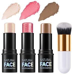 3 Pack Contour Highlighter Blush Sticks with Brush, Cream Bronzer Contour Stick Kit for Cheeks Eyes Lips, Long Lasting Waterproof Smooth Multi Stick Face Makeup Set for All Skin Type (Set A)
