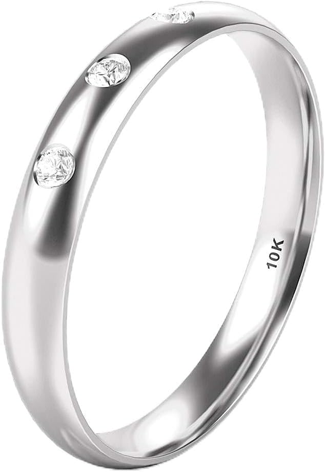 10K White/Yellow/Rose Gold 3 Diamond 3MM Dome Wedding Anniversary Band Ring