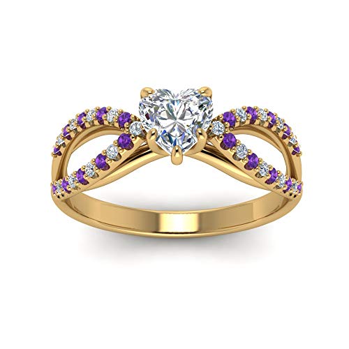 Image of 55Carat Choose Your Gemstone Reverse Pave Split Shank Diamond CZ Ring Yellow Gold Plated Heart Shape Split Shank Engagement Ring Minimal Modern Design Birthday Gift Wedding Gift US Size 4 to 12