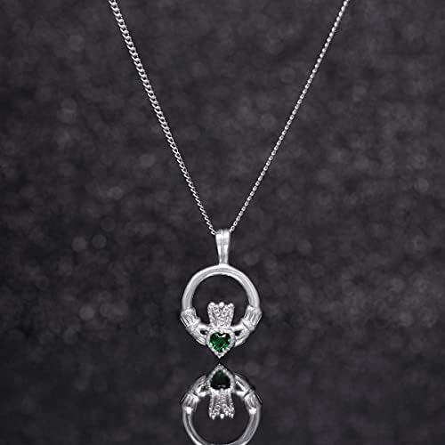Aeon Jewellery Silver Claddagh Necklace - 925 Sterling Silver & Emerald Green Cubic Zirconia Pendant | Adjustable 16 - 18 Inch Chain | Irish Celtic Jewellery Gifts for Women | Polishing Cloth Included
