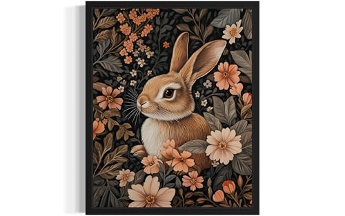 Image of Rabbit Art Print Poster, William Morris Style Retro Mid Century Botanical Victorian Dark Academia Gothic Decor Gallery 10b (Rabbit, 16 x 20 inches, Black Frame)