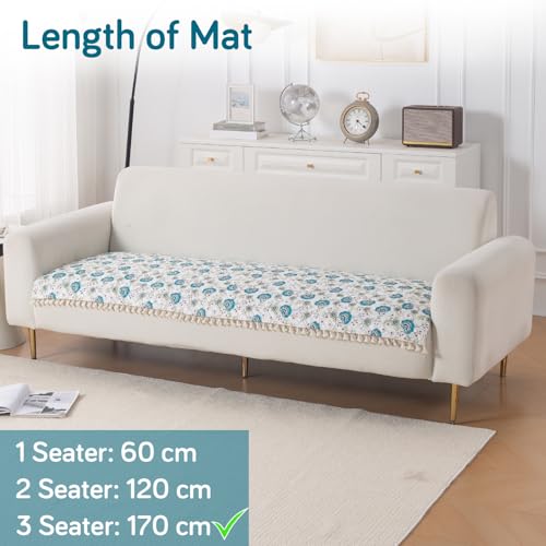 Image of HOKIPO Cerulean Bloom Quilted Sofa Cover Mat for 3 Seater Sofa with Tassels 'Tassel Twigs' Series (IN-985-T6)