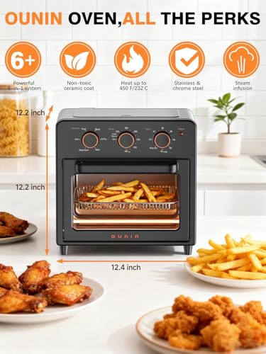 Image of OUNIN Air Fryer Toaster Oven with Steam Infusion, 12 QT Compact Countertop Oven, 6-in-1 Stainless Steel Combo Bakes, Broils, Grills & Warms, Fast Preheat, 60-Minute Timer - Small Kitchen Friendly