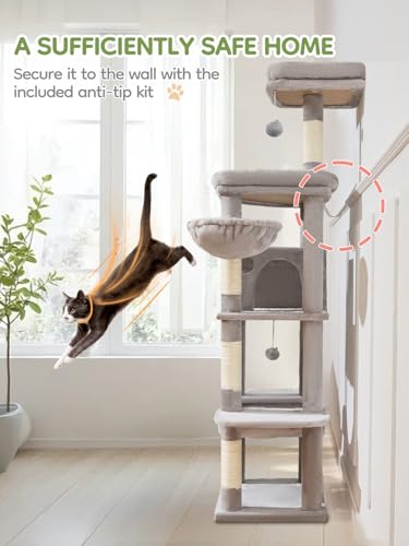 Image of Taoqimiao MS042W Cat Tree,66-inch Large Cat Tower with Scratching Posts, Luxurious Large Platform for Big Cats with Soft Hammock, Adjustable Basket, Deluxe Cat Cando, Top Perch Light Gray