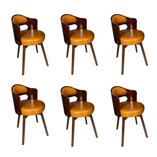 Juego de 6 sillas de comedor giratorias tapizadas amarillas de mediados de siglo, sillas de cocina vintage de piel sintética con brazos y patas de madera maciza