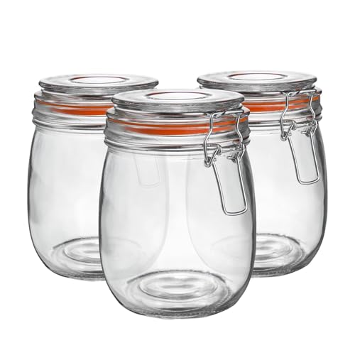 Argon Tableware Glass Jars with Airtight Metal Clip Lid - 750ml/26.4oz - 3 Pack - 4 Colour Seals - Kitchen Container Round Preserving Jar for Pickling, Chutney, Jam, Coffee