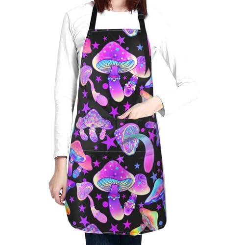Siiuuol Magic Mushrooms Aprons For Women With Pockets Waterproof Home Cooking Kitchen Baking Gardening Bbq Apron For Men