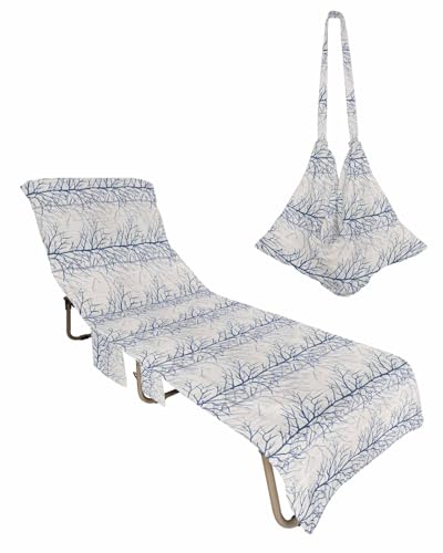 Blue Tree Branch Beach Chair Cover with Side Pockets, Microfiber & Quick Dry Pool Chaise Lounge Chair Towels Covers for Sun Sunbathing Patio Garden Hotel, Forest Minimalist Contemporary Art