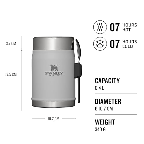 Stanley Classic Legendary Food Jar 0.4L Con Spork - Thermos Mantiene Caldo O Freddo Per 7 Ore - Contenitore Termico Per Alimenti Caldi - Lavabile In Lavastoviglie - Senza BPA - Ash - Immagine 1