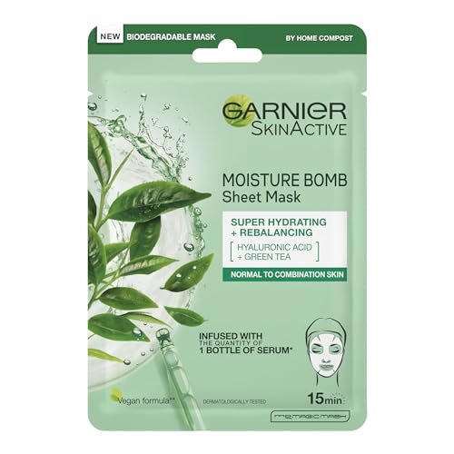 Garnier Moisture Bomb Green Tea and Hyaluronic Acid Sheet Mask, Hydrating & Rebalancing Face Mask, For Sensitive Skin, Cruelty Free & Vegan Tissue Mask, 28g